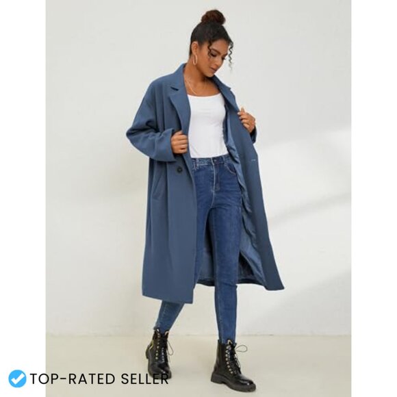 Oversized Wool Blend Trench Coat Double Breasted Long Winter Overcoat Chic - Picture 3 of 6